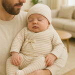 Conjunto  de Ropa para Bebé 3 Piezas | Gorro, Camiseta Kimono y Polaina con Pies a Rayas Beige y Arena Unisex