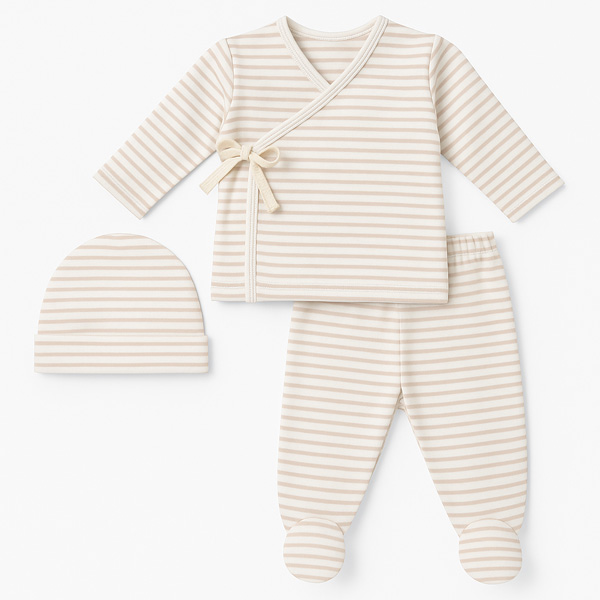 Conjunto  de Ropa para Bebé 3 Piezas | Gorro, Camiseta Kimono y Polaina con Pies a Rayas Beige y Arena Unisex