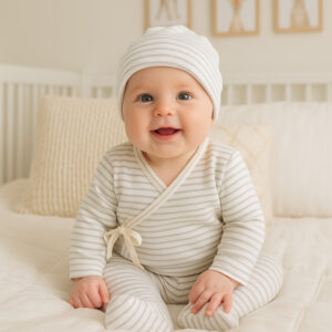 Conjunto de Ropa para Bebé 3 Piezas  | Gorro, Camiseta Kimono y Polaina con Pies a Rayas Beige y Grises Unisex