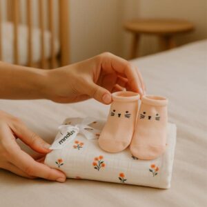 Pack Regalo Bebé – Muselina 100% Algodón & Patucos Gatito