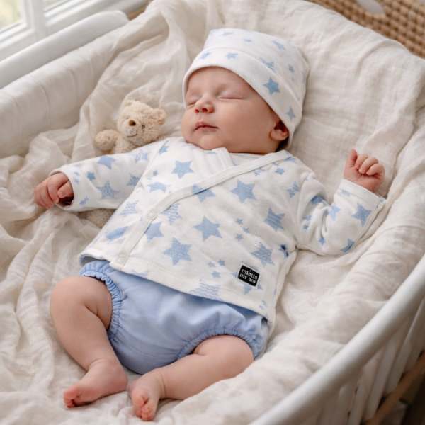 Conjunto recién nacido 3 piezas Minutus Estrellas Azul – jubón cruzado+ ranita + gorrito 100% Algodón