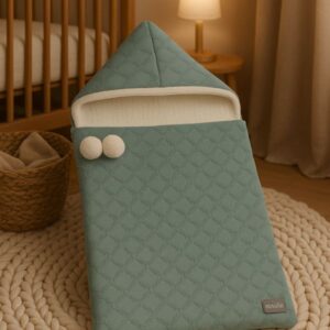 Saquito de punto jacquard verde menta para recién nacido con capucha y pompones