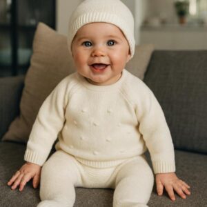 Conjunto tricot crudo 3 piezas con gorro