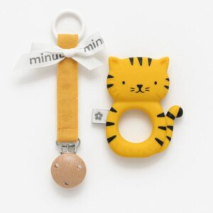 Pack Porta-chupetes + Mordedor Silicona Gato Mostaza