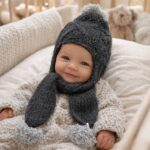 Gorro-bufanda bebé de punto trenzado con pompón y borlas  Color antracita y gris