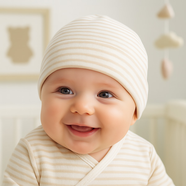 Gorro para Bebé de Algodón Orgánico en Rayas Beige y Arena