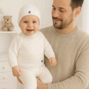 Conjunto de punto tricot 100% Algodón con dibujo en zigzag para bebé con o sin gorro