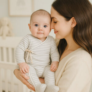 Pelele  Enterizo para Bebé de Algodón Orgánico en Rayas Beige y Gris