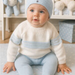 Conjunto bebé punto crudo y celeste 100% Algodón con o sin gorro