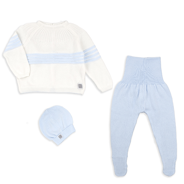 Conjunto bebé punto crudo y celeste 100% Algodón con o sin gorro