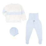 Conjunto bebé punto crudo y celeste 100% Algodón con o sin gorro