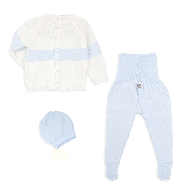 Conjunto bebé punto crudo y celeste 100% Algodón con o sin gorro