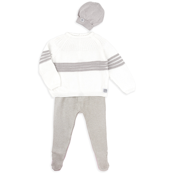 Conjunto de bebé en punto gris y crudo 100% Algodón con o sin gorro