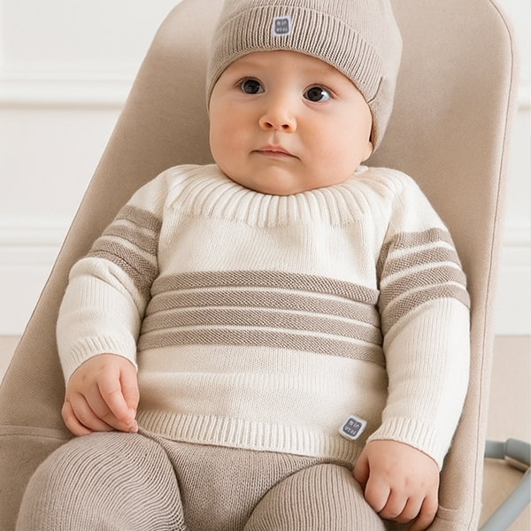 Conjunto de bebé en punto gris y crudo 100% Algodón con o sin gorro