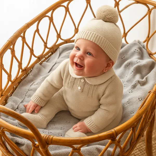 Pelele de punto beige arena con gorro y cuello bebé